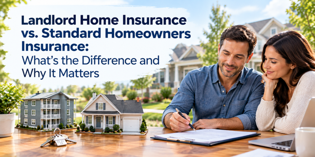 Feature image comparing landlord home insurance with standard homeowners insurance, showing a rental property and a residential home, with a person considering property protection and a clean, professional blue-and-white design.