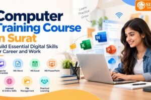 A student practicing essential office software and digital skills during a computer training course session at Simba Institute in Surat.