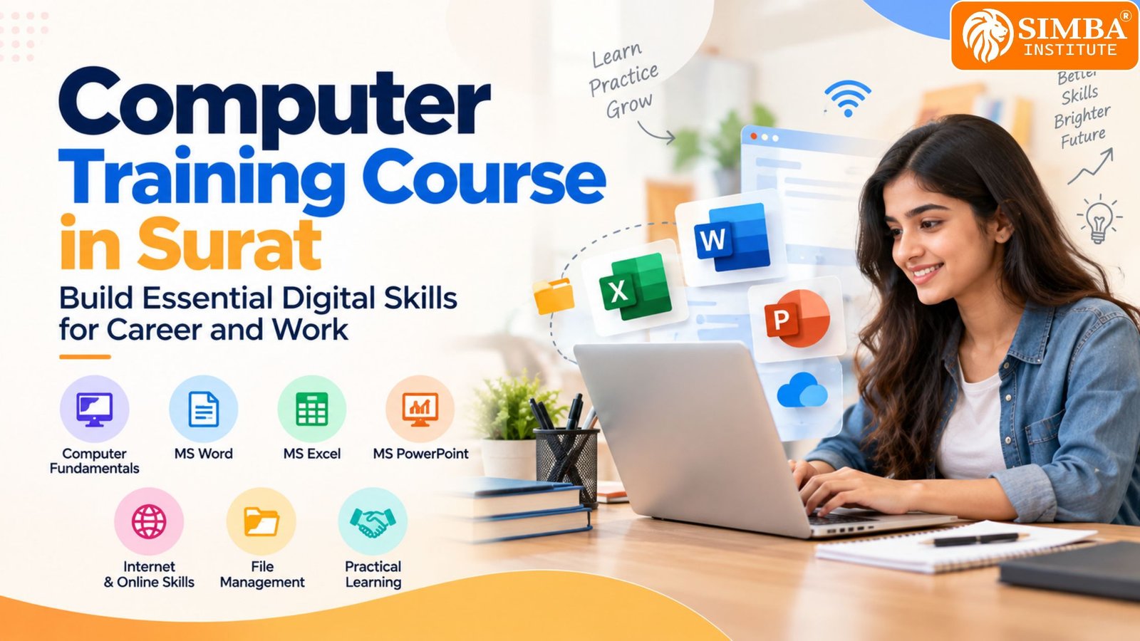 A student practicing essential office software and digital skills during a computer training course session at Simba Institute in Surat.